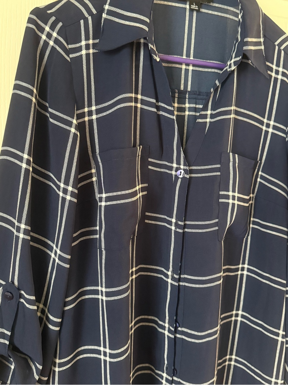 Fortune + Ivy Navy Windowpane Plaid Button Front Blouse Top Size Large - Picture 7 of 12
